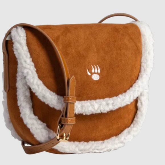 BEARPAW Shearling Sherpa Trim Small Crossbody Saddle Bag Hickory Brown NEW - Picture 1 of 6